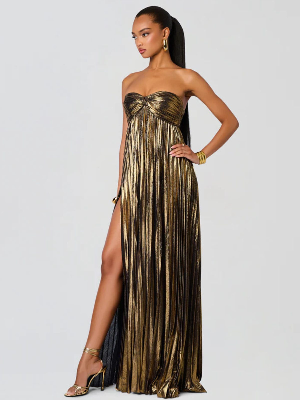 Wedding Guest Strapless Maxi Dress with Twisted Bodice and Leg Split