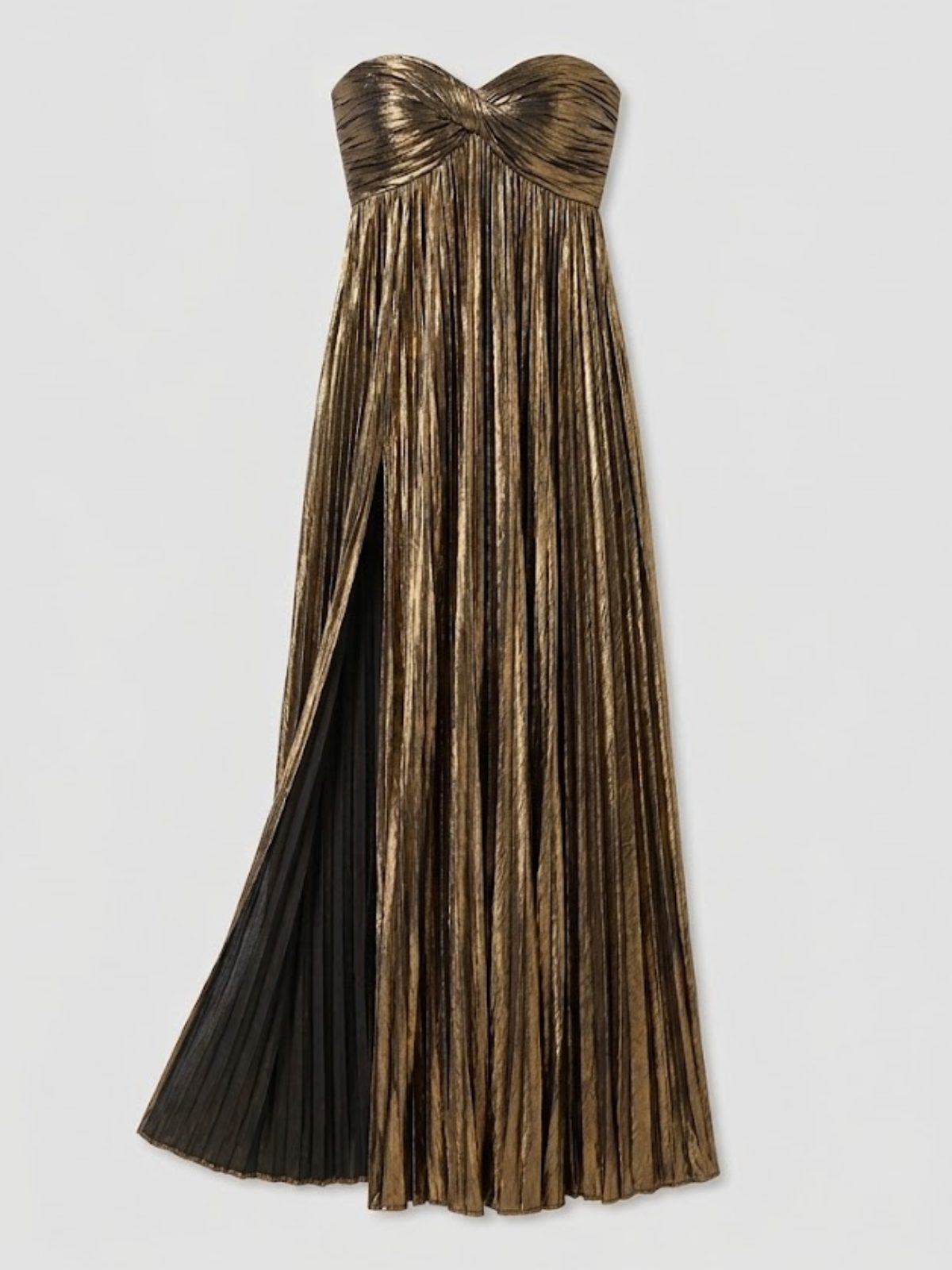 Wedding Guest Strapless Maxi Dress with Twisted Bodice and Leg Split