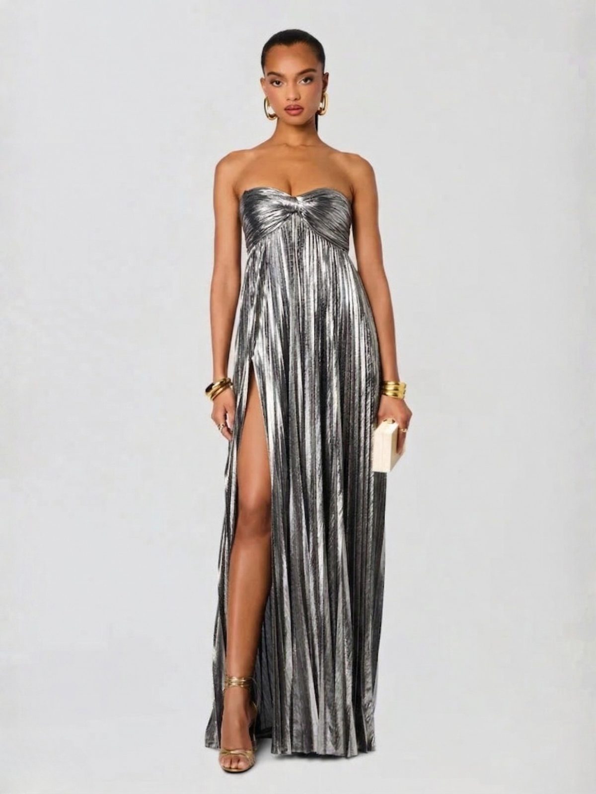 Wedding Guest Strapless Maxi Dress with Twisted Bodice and Leg Split in Silver