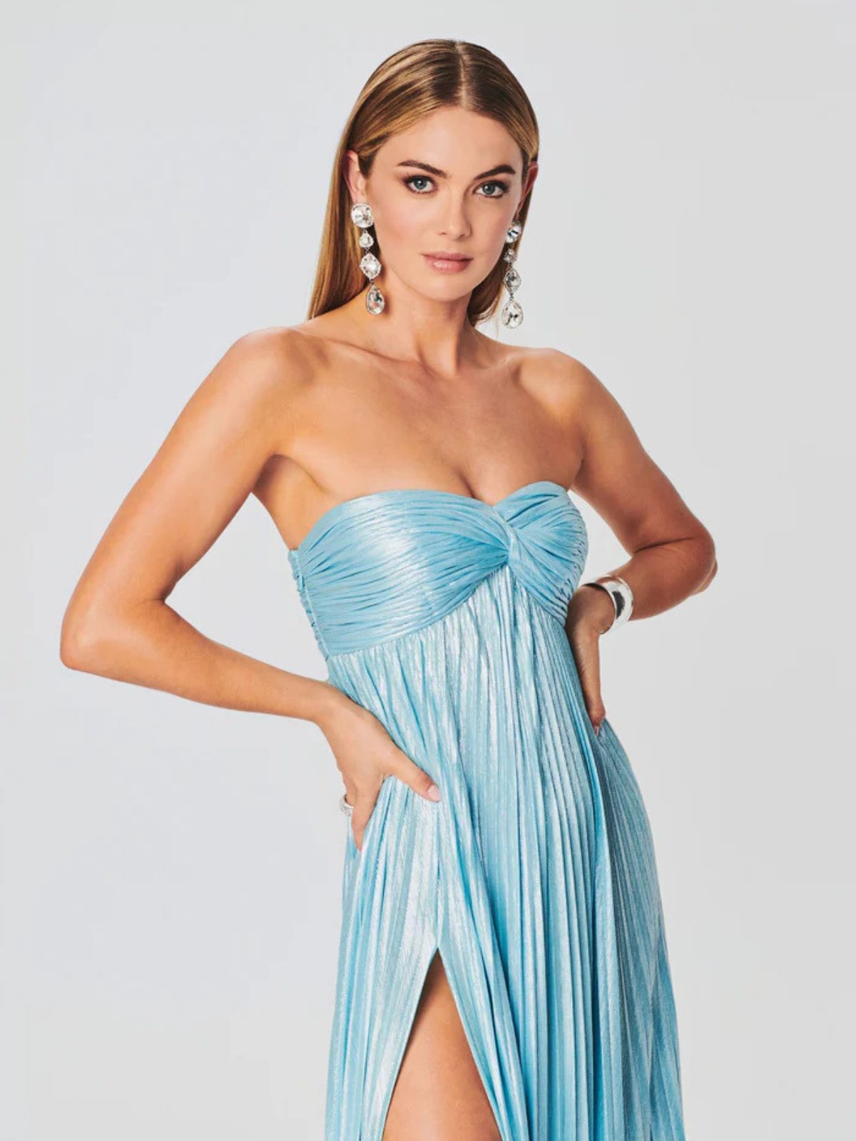 Wedding Guest Strapless Maxi Dress with Twisted Bodice and Leg Split