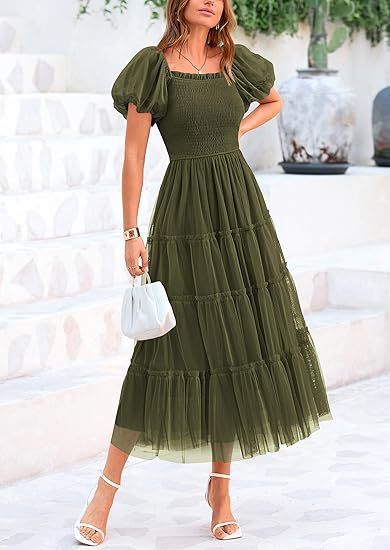 Wedding Guest Tiered Maxi Dress with Puff Sleeves for Women in Khaki Green