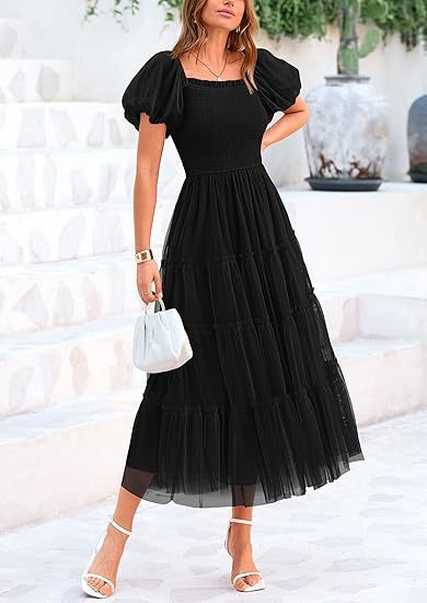 Wedding Guest Tiered Maxi Dress with Puff Sleeves for Women in Black