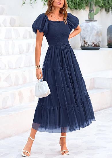 Wedding Guest Tiered Maxi Dress with Puff Sleeves for Women in Navy Blue