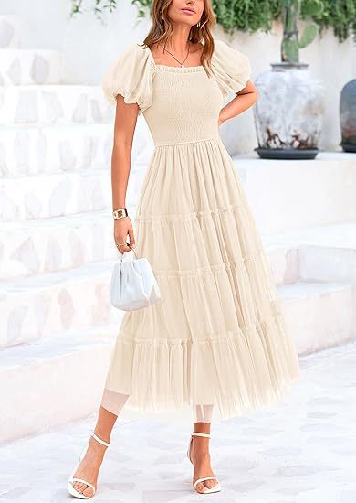 Wedding Guest Tiered Maxi Dress with Puff Sleeves for Women in Apricot