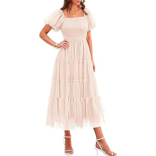 Wedding Guest Tiered Maxi Dress with Puff Sleeves for Women