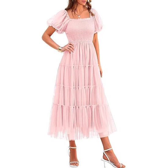 Wedding Guest Tiered Maxi Dress with Puff Sleeves for Women