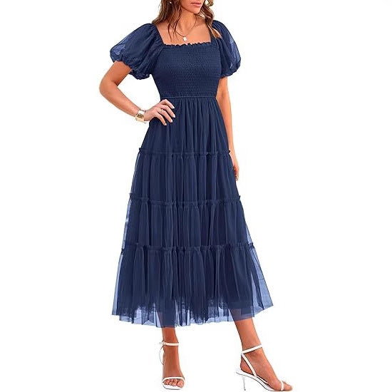 Wedding Guest Tiered Maxi Dress with Puff Sleeves for Women