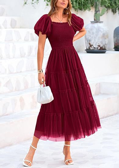 Wedding Guest Tiered Maxi Dress with Puff Sleeves for Women in Wine Red