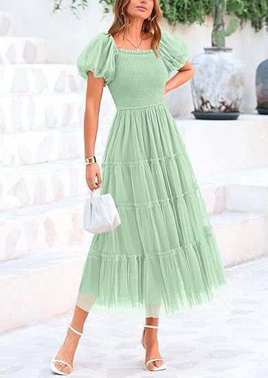 Wedding Guest Tiered Maxi Dress with Puff Sleeves for Women in Light Green