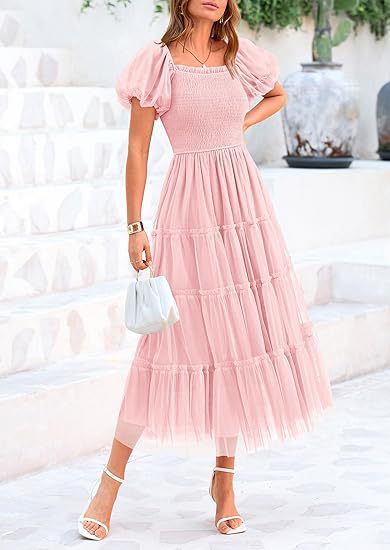 Wedding Guest Tiered Maxi Dress with Puff Sleeves for Women in Pink