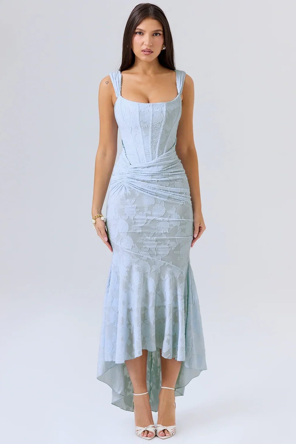Wedding Guest Wrap Midi Dress for Women with Scoop Neckline in Blue