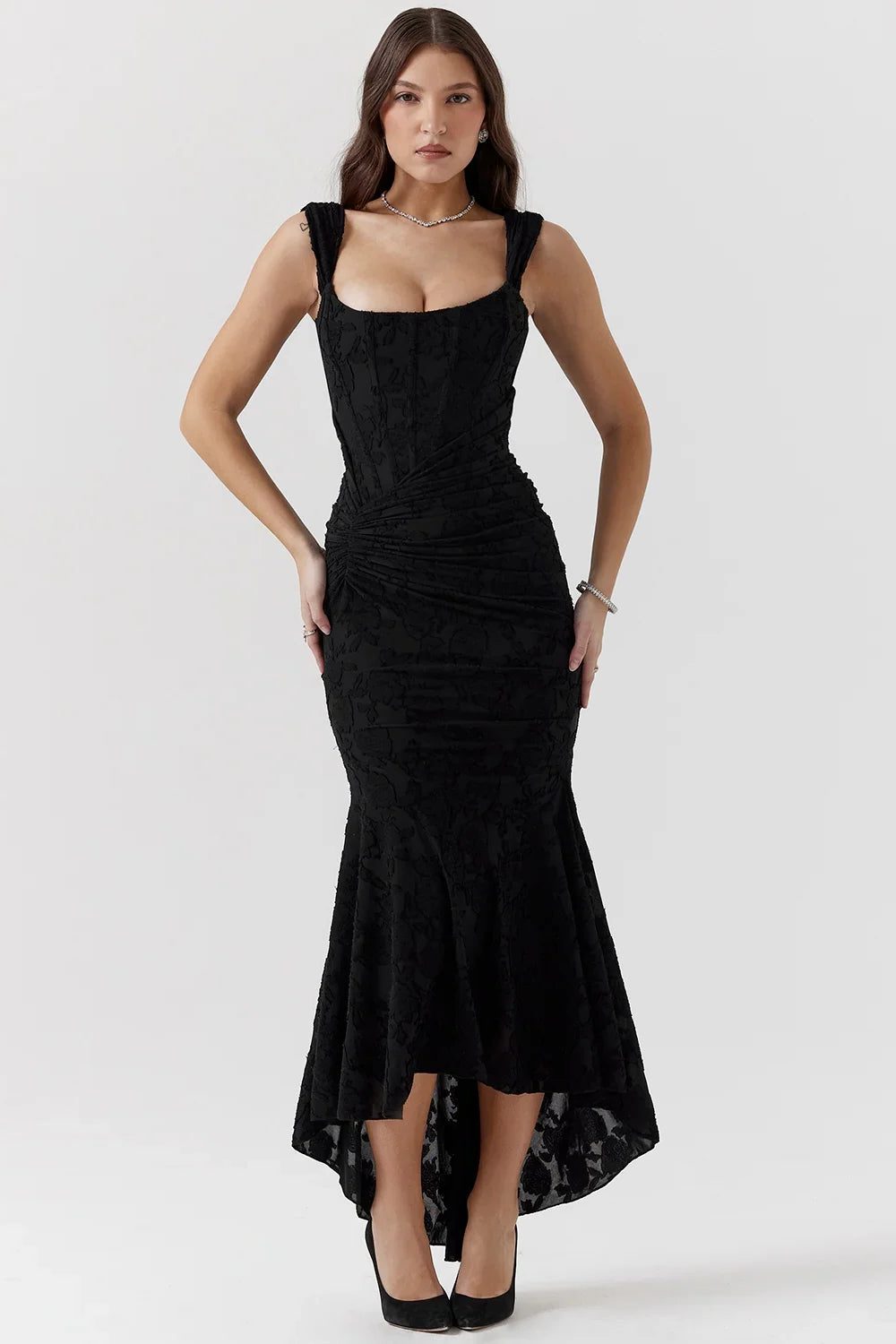Wedding Guest Wrap Midi Dress for Women with Scoop Neckline in Black