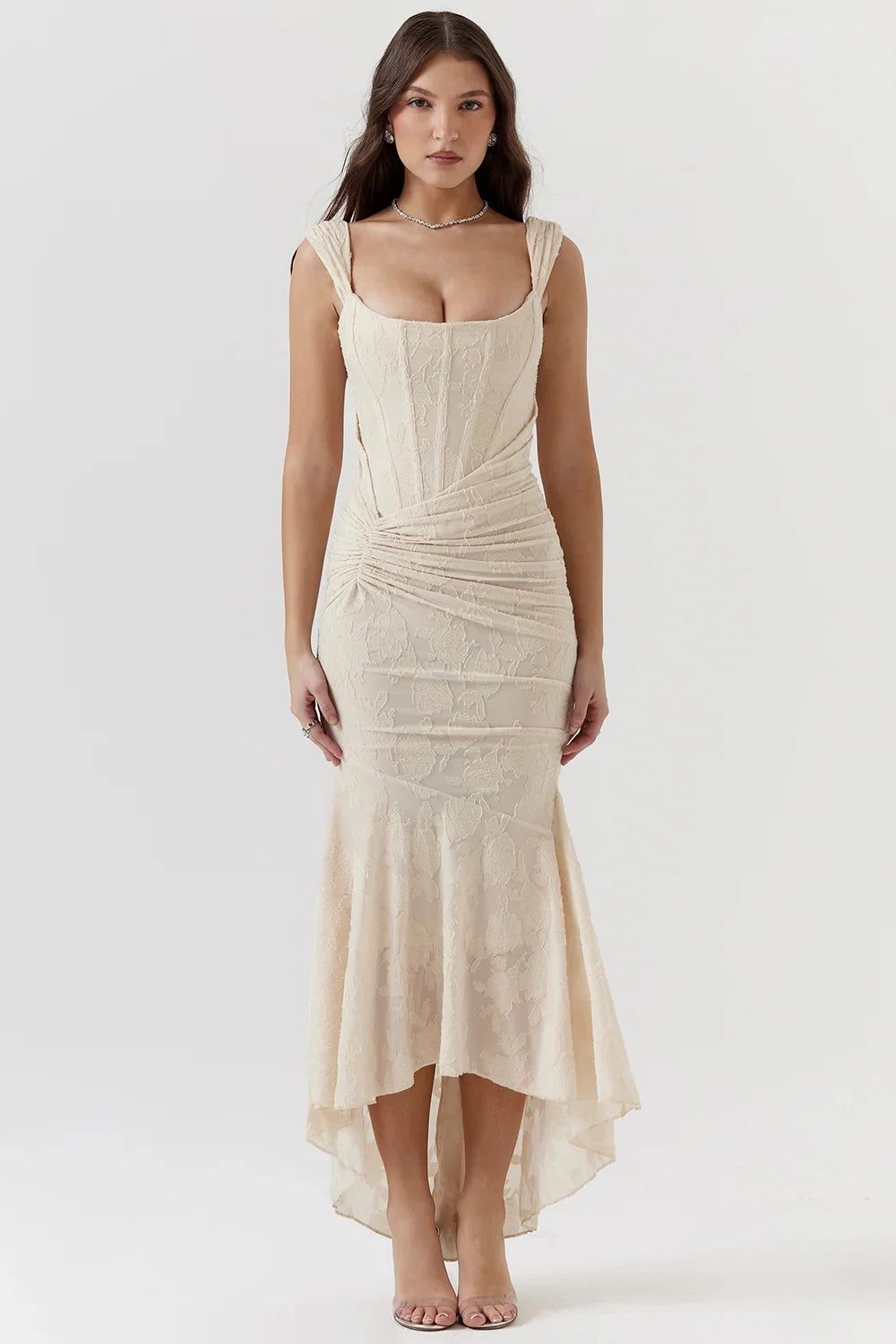 Wedding Guest Wrap Midi Dress for Women with Scoop Neckline in Cream