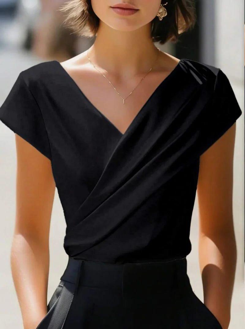 Wrap Blouse with V-Neck and Short Sleeves for Women in Black