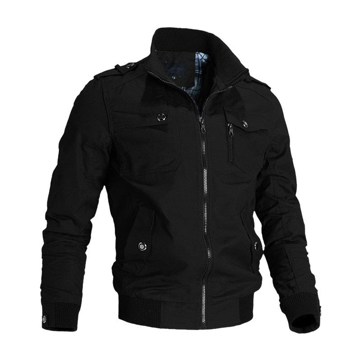Zip-Up Bomber Jacket with Stand Collar for Men in Black