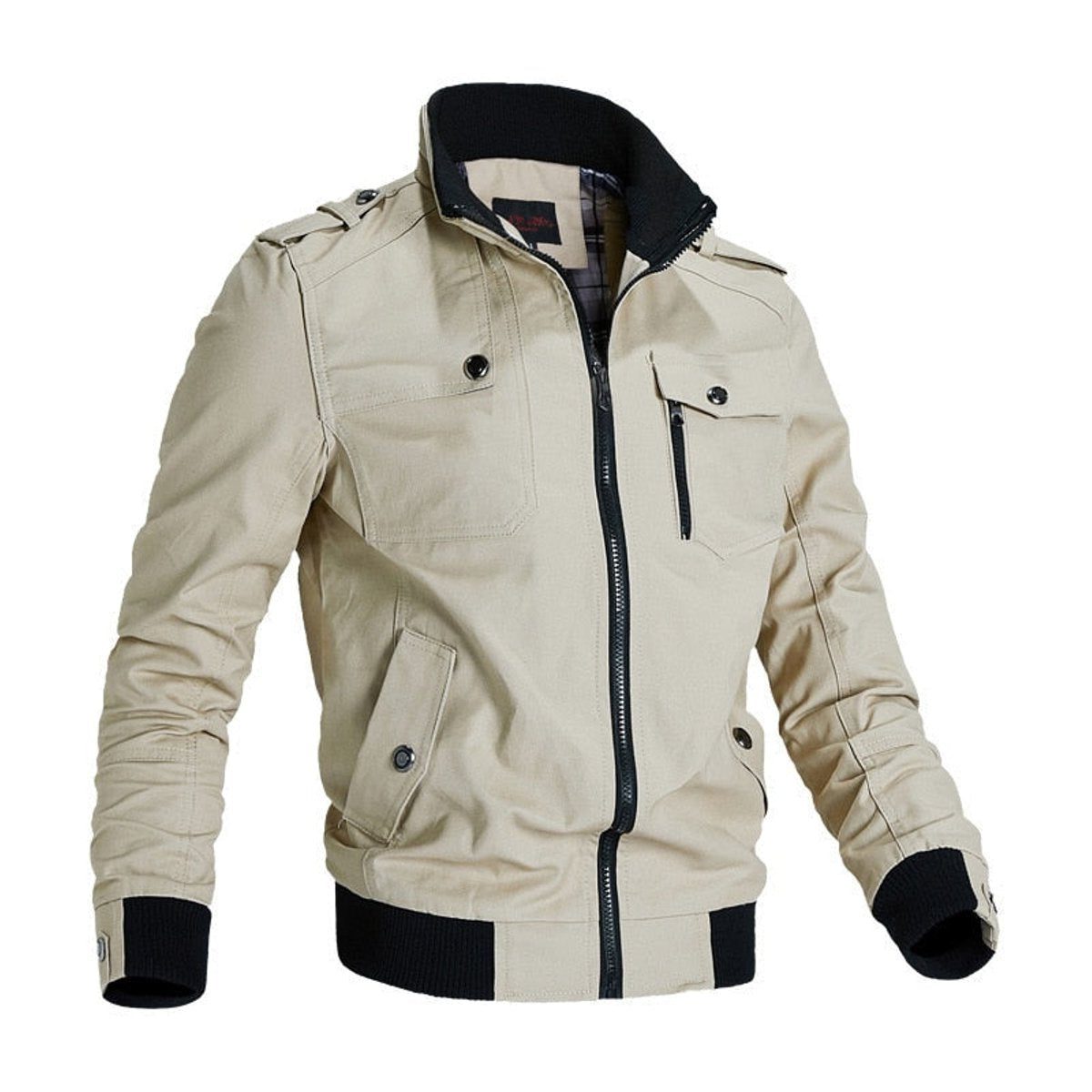 Zip-Up Bomber Jacket with Stand Collar for Men in Khaki