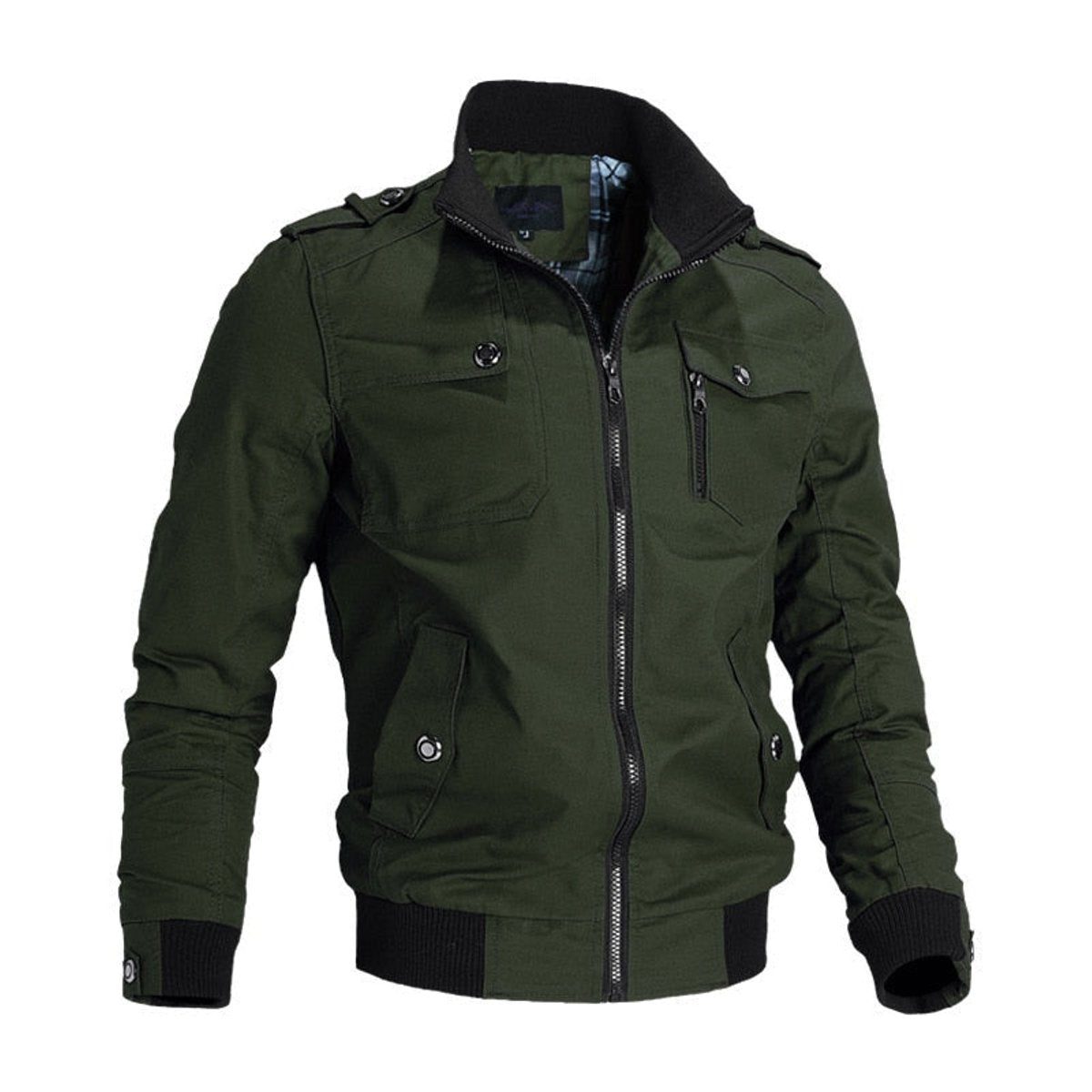 Zip-Up Bomber Jacket with Stand Collar for Men in Green